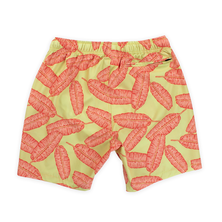Stretch Swim 7" Banana Leaf back with yellow background and large pink banana leaves printed, with an elastic waistband and back right zippered pocket