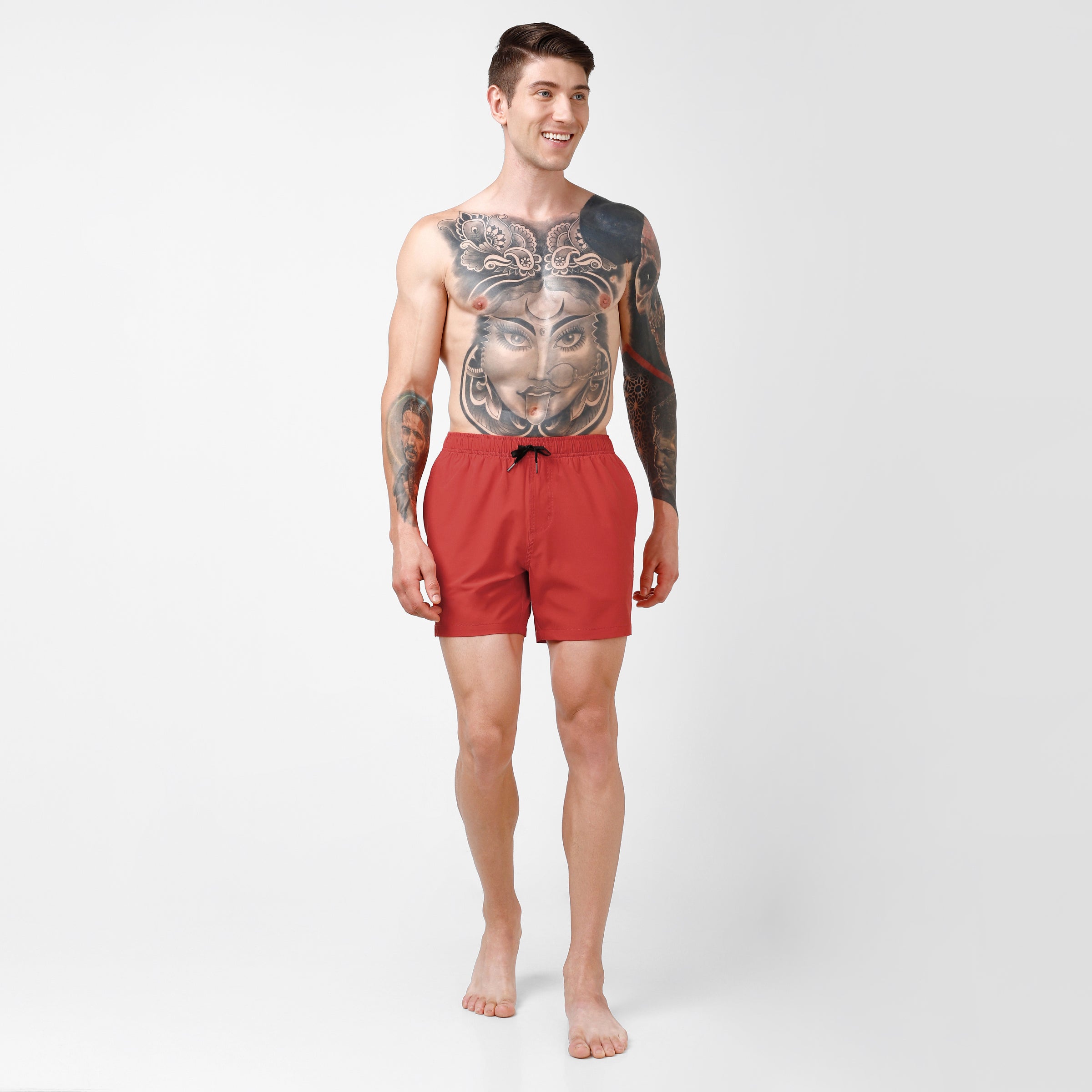 Stretch Swim 5.5" in Red full body on model walking