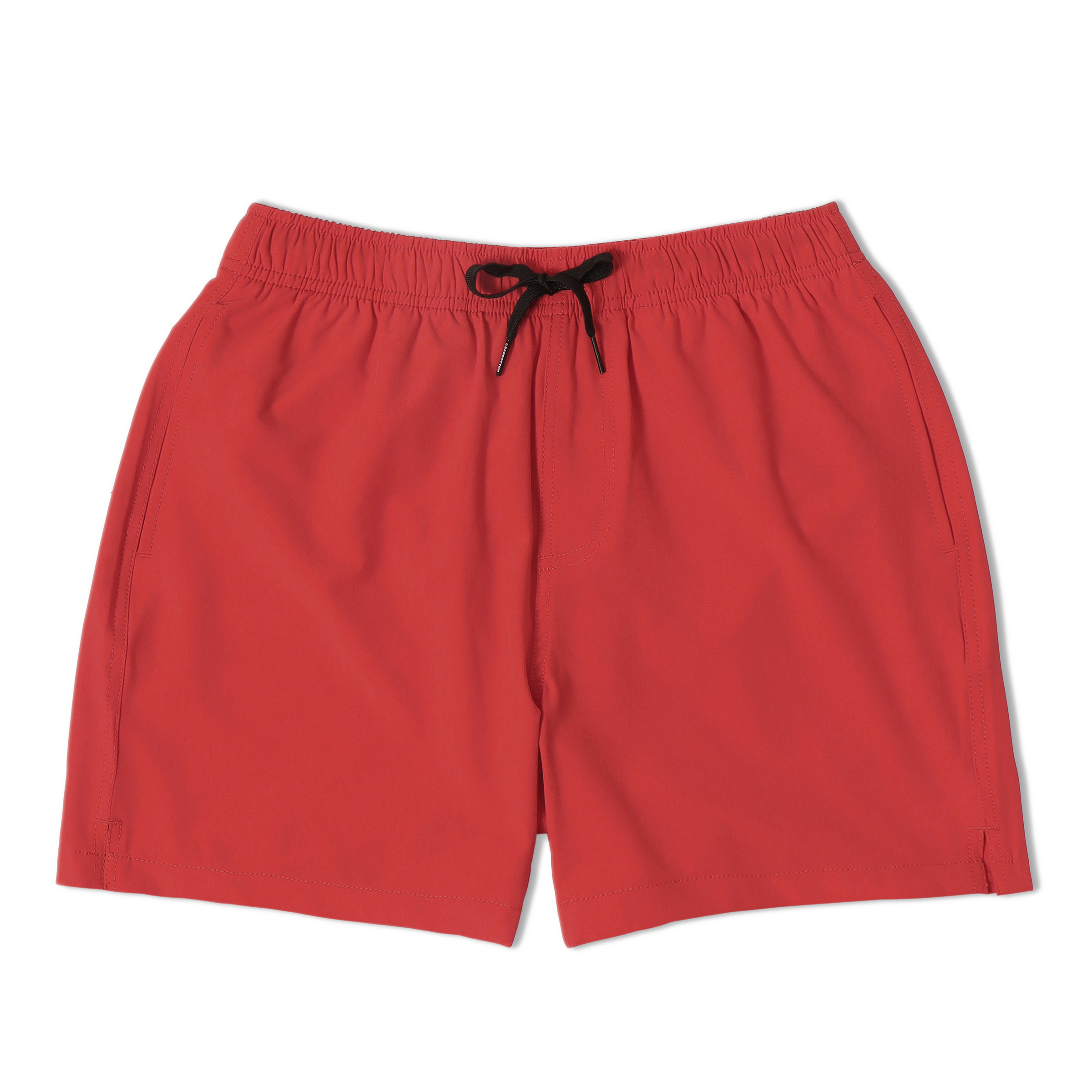 Stretch Swim 5.5" in Red front with elastic waistband, black drawstring, and two inseam pockets
