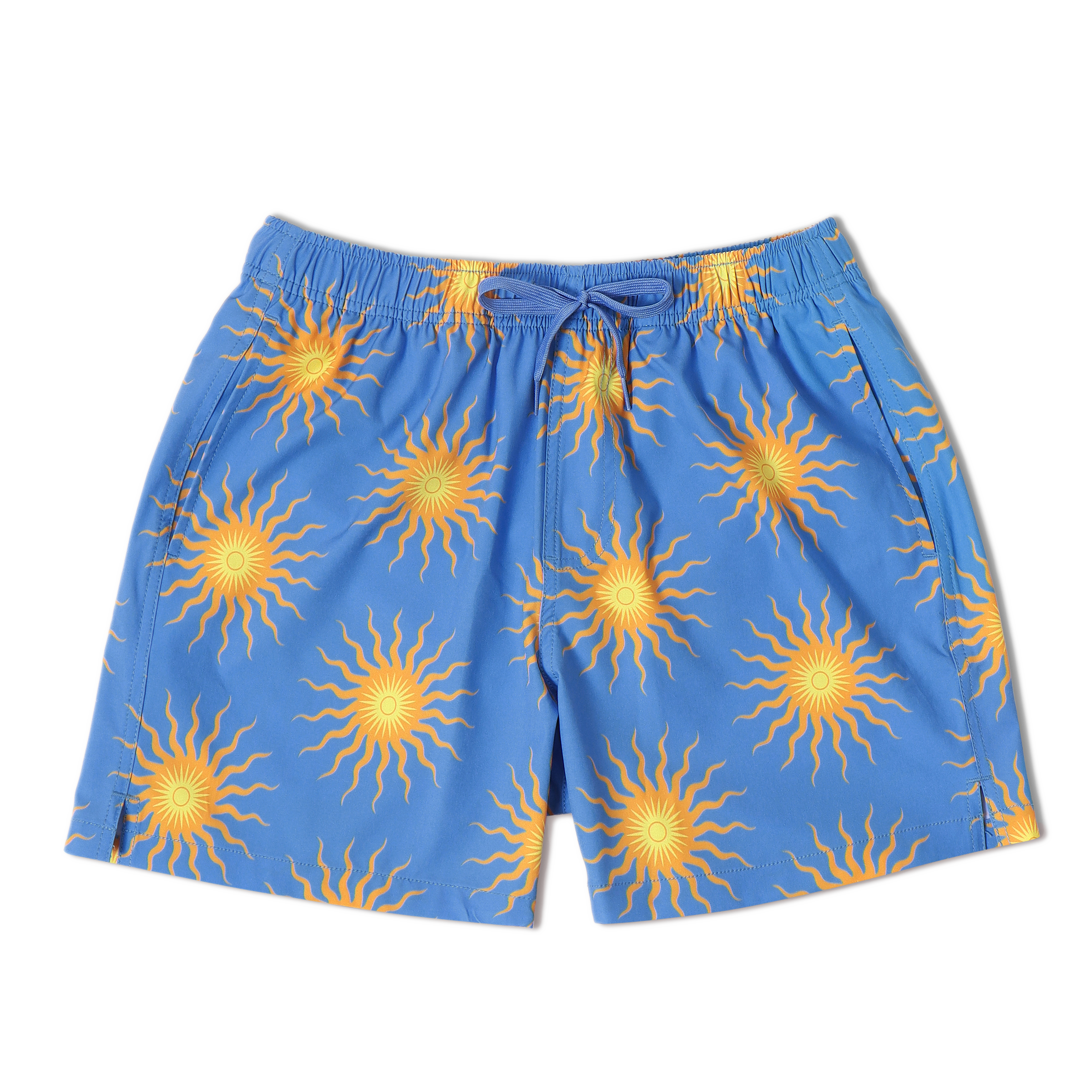 Stretch Swim 5.5" Sunburst front with an elastic waistband, two inseam pockets, and a dyed-to-match drawstring