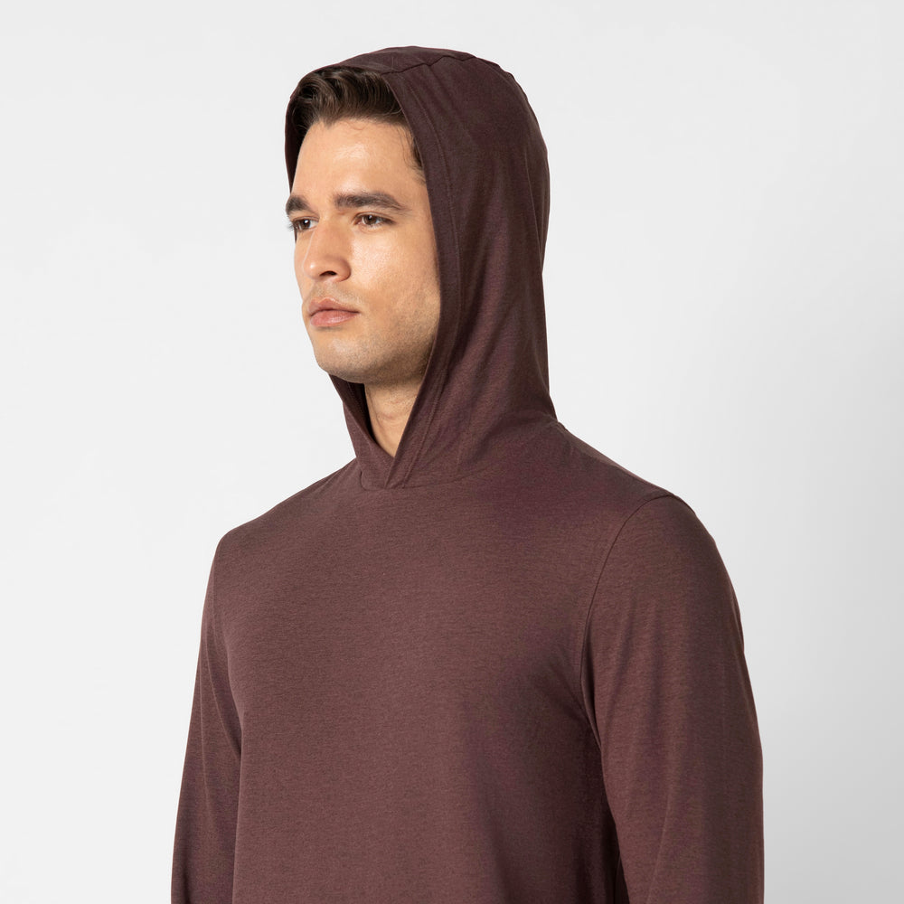 Tech Hoodie Deep Mauve on model with hood up