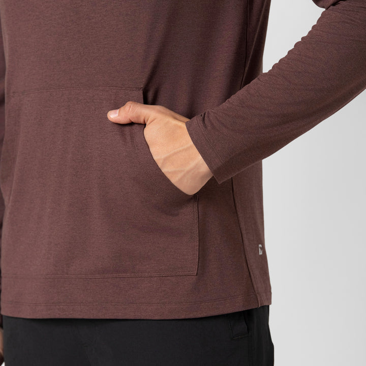 Tech Hoodie Deep Mauve close up pocket on model