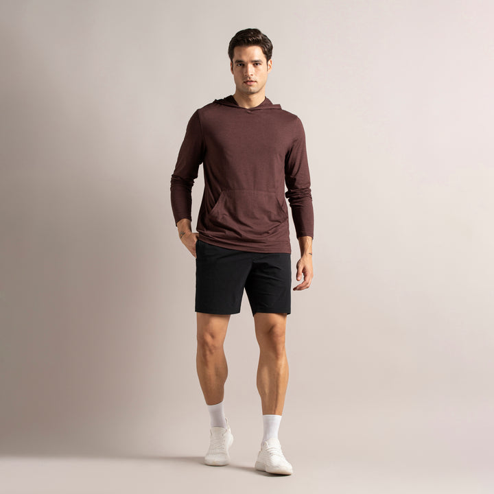 Tech Hoodie Deep Mauve full body on model