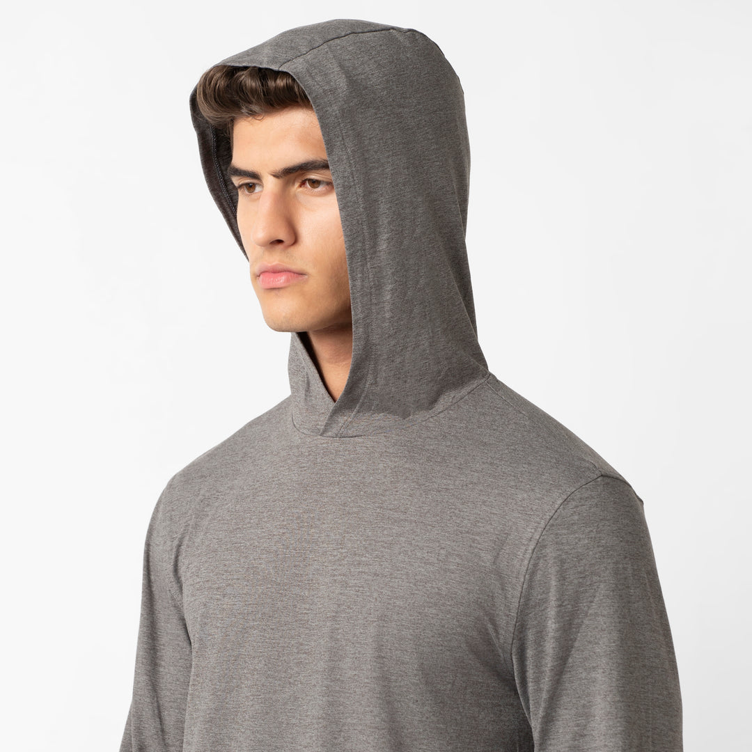 Tech Hoodie Grey hood up on model