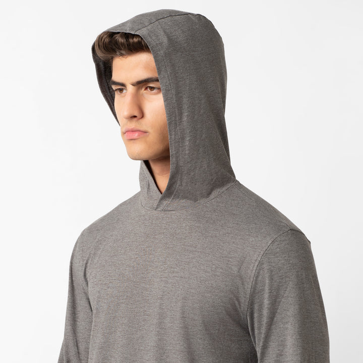 Tech Hoodie Grey hood up on model
