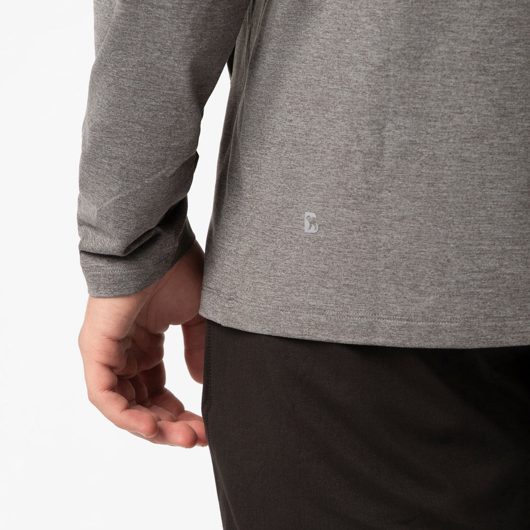 Tech Hoodie Grey close up on model