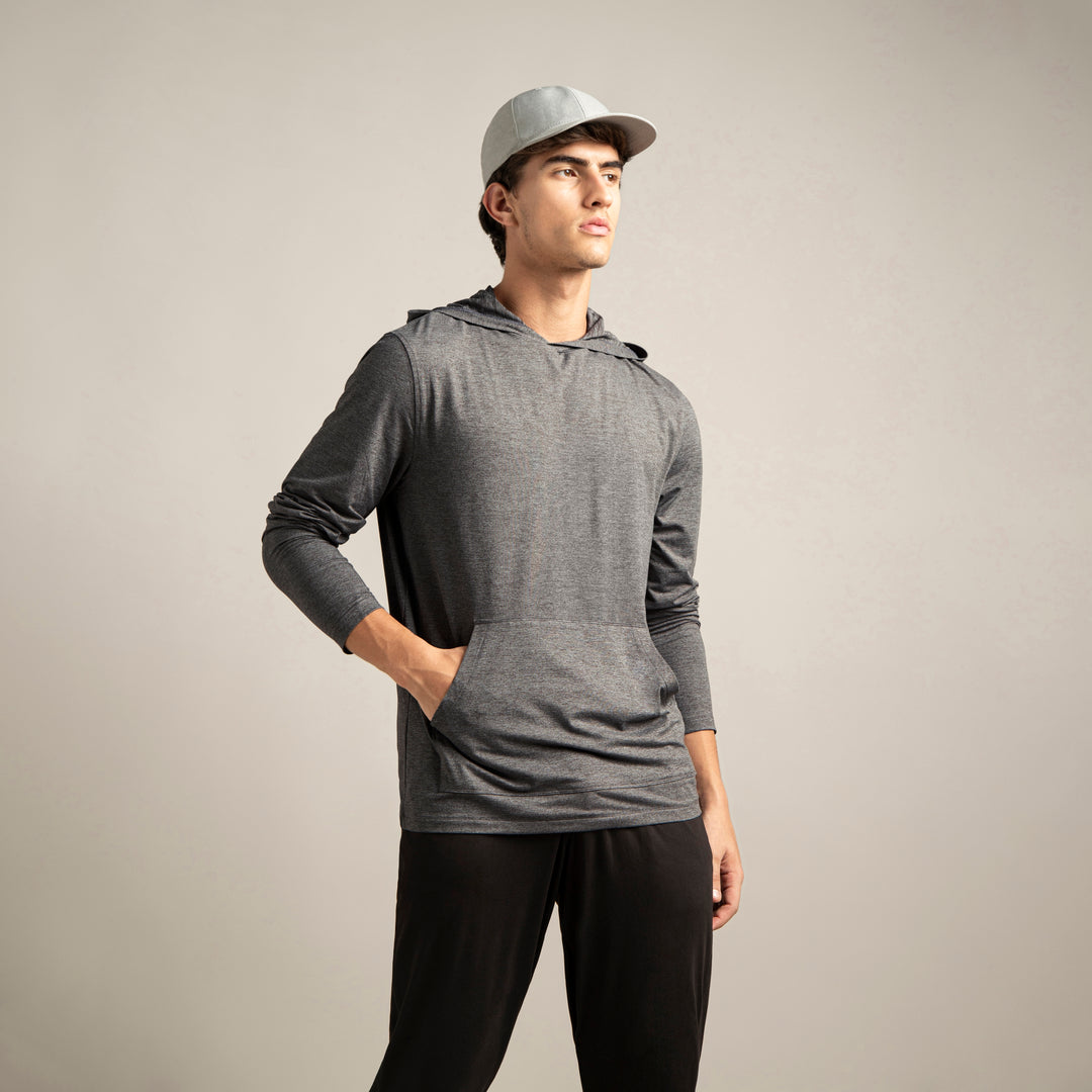 Tech Hoodie Grey full body on model