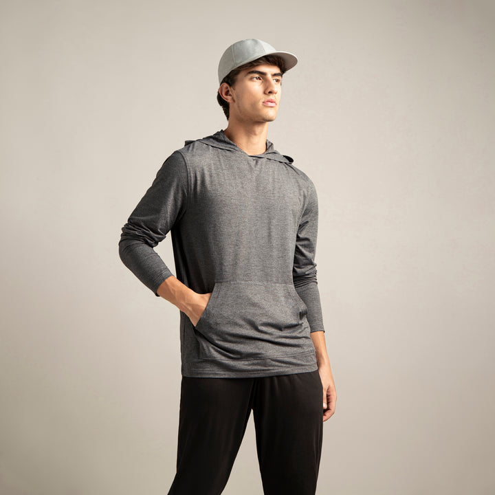 Tech Hoodie Grey full body on model