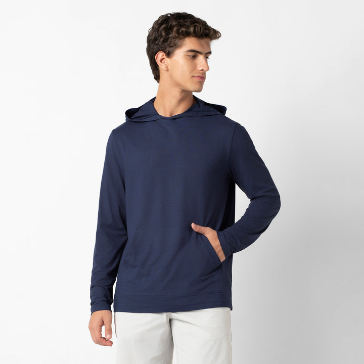 Tech Hoodie Navy front on model