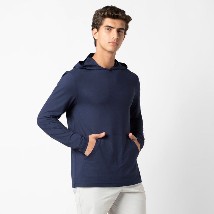 Tech Hoodie Navy side on model