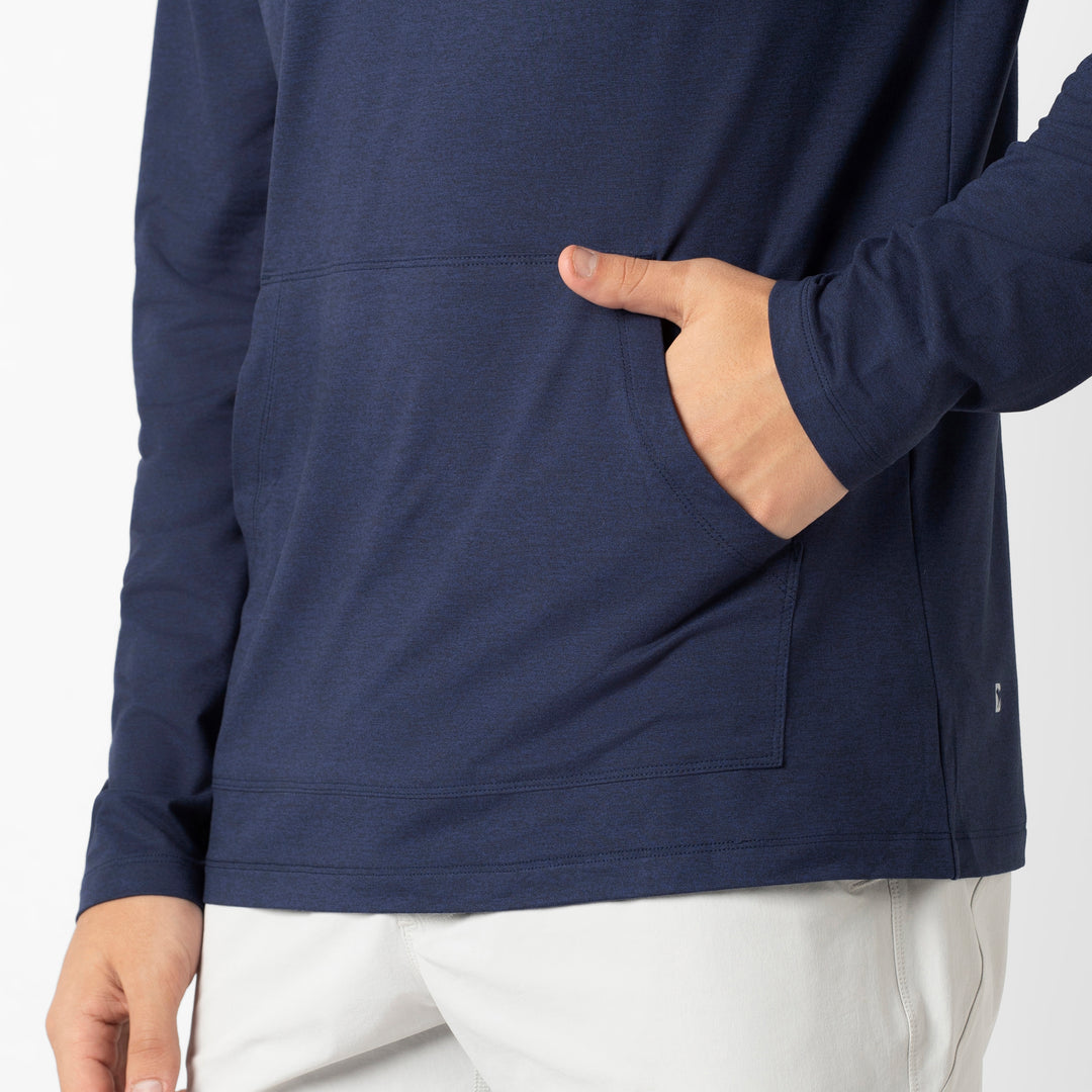 Tech Hoodie Navy pocket detail on model