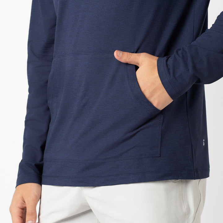 Tech Hoodie Navy pocket detail on model
