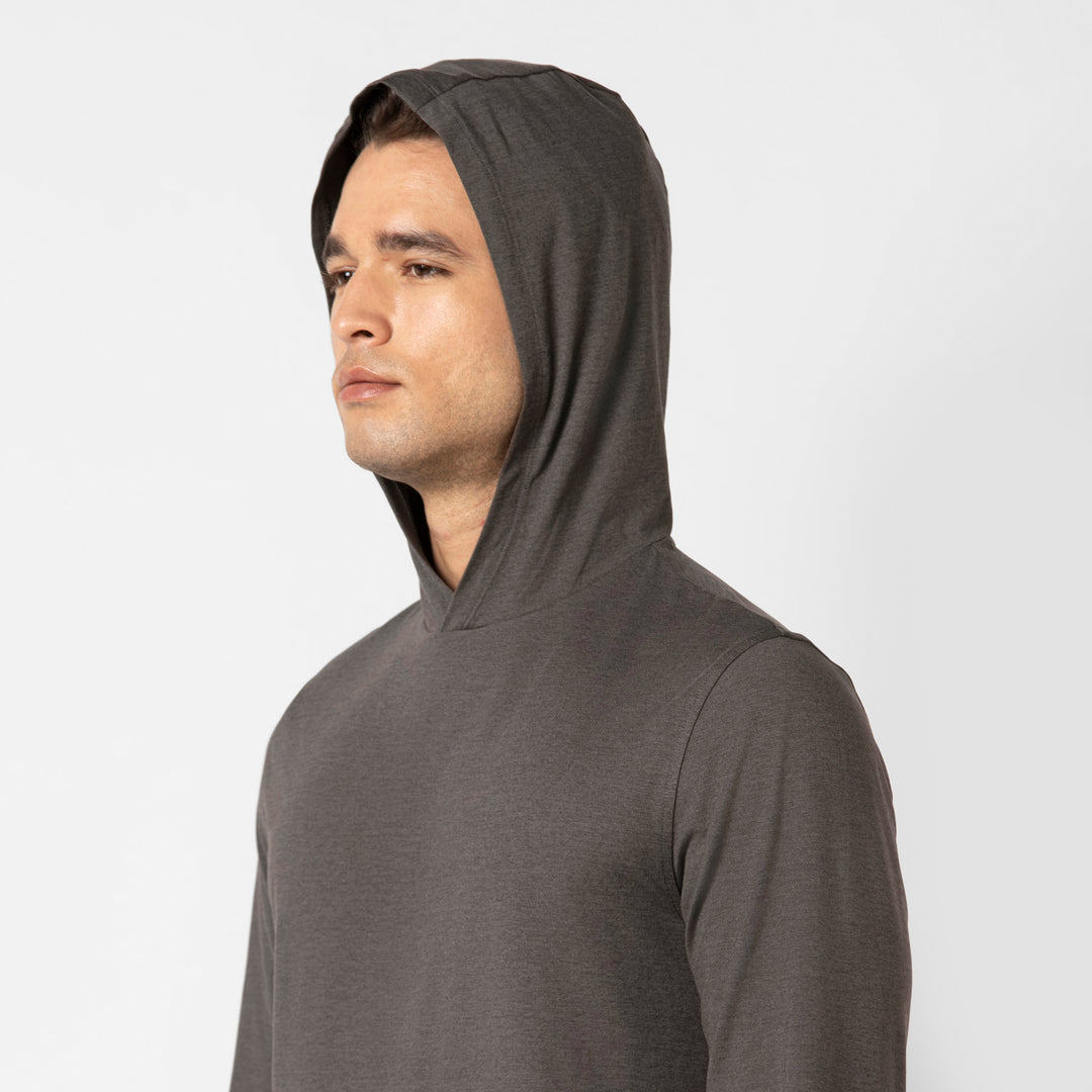 Tech Hoodie Shadow on model with hood