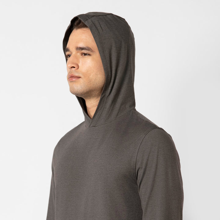 Tech Hoodie Shadow on model with hood