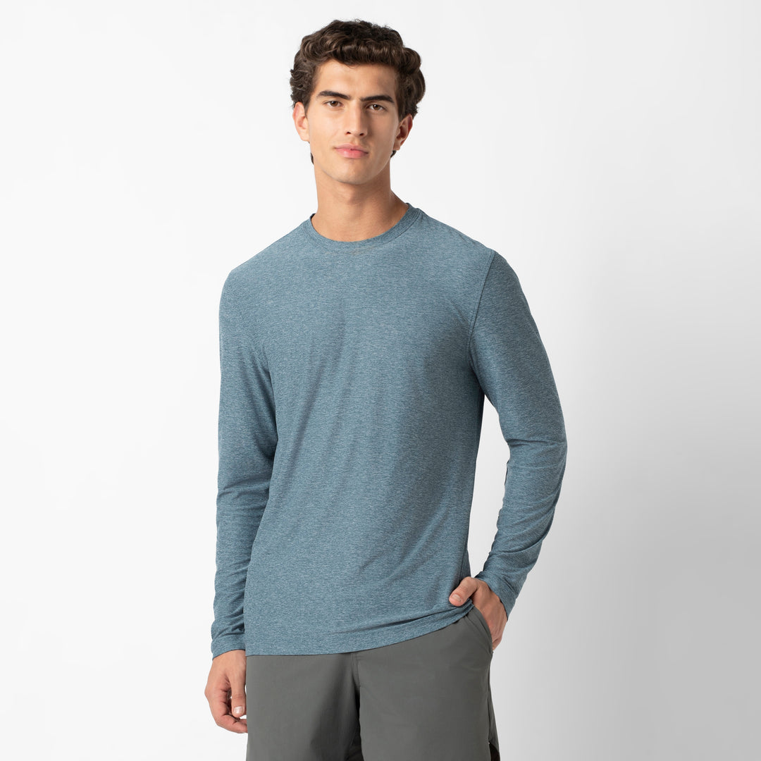 Tech Long Sleeve Tee Dark Lagoon front on model