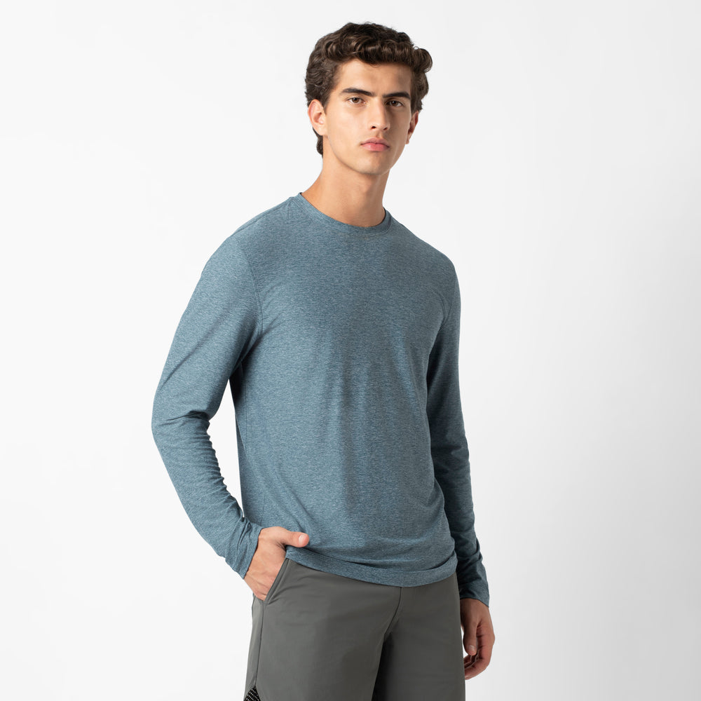 Tech Long Sleeve Tee Dark Lagoon side on model