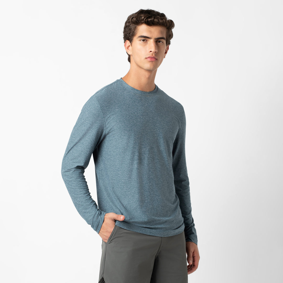 Tech Long Sleeve Tee Dark Lagoon side on model