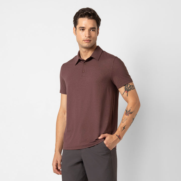 Tech Polo Deep Mauve side on model