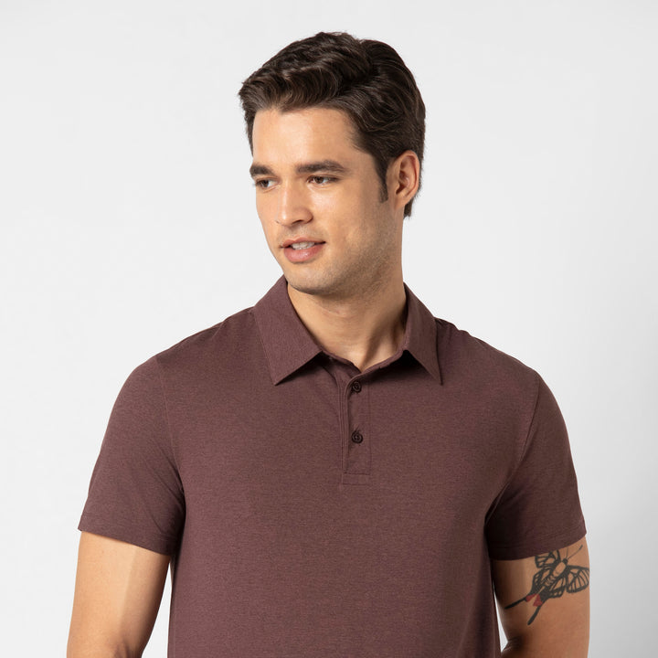 Tech Polo Deep Mauve close up on model