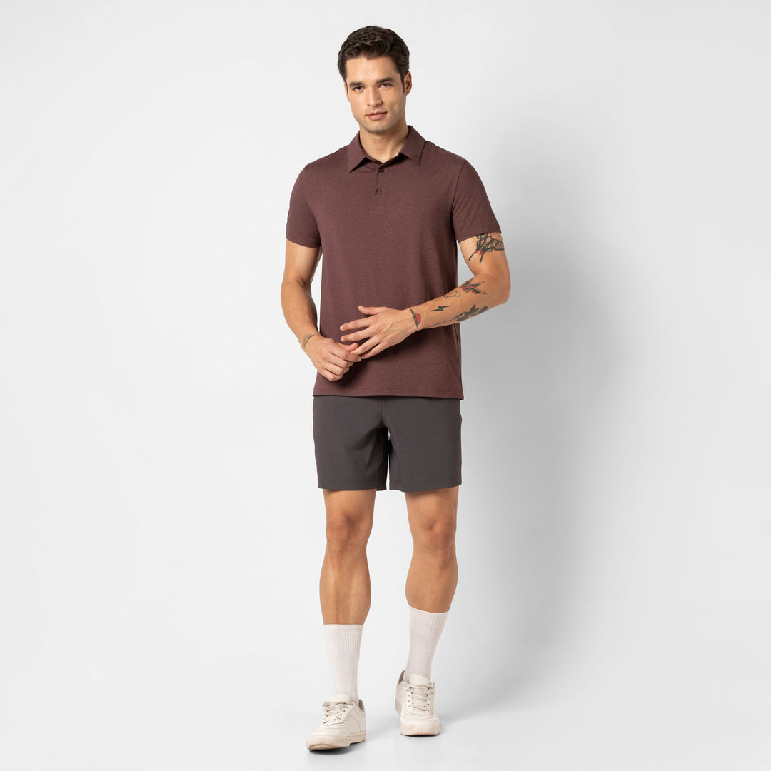 Tech Polo Deep Mauve full body on model