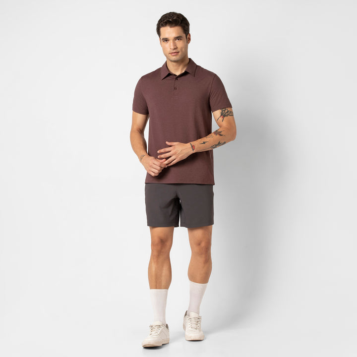 Tech Polo Deep Mauve full body on model