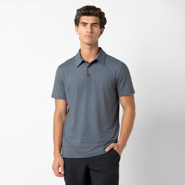 Tech Polo Denim front on model