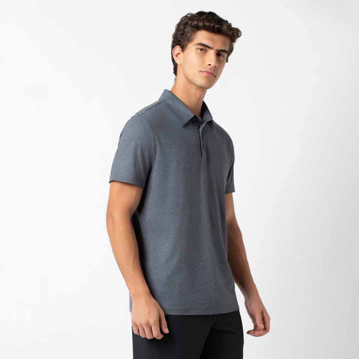 Tech Polo Denim side on model