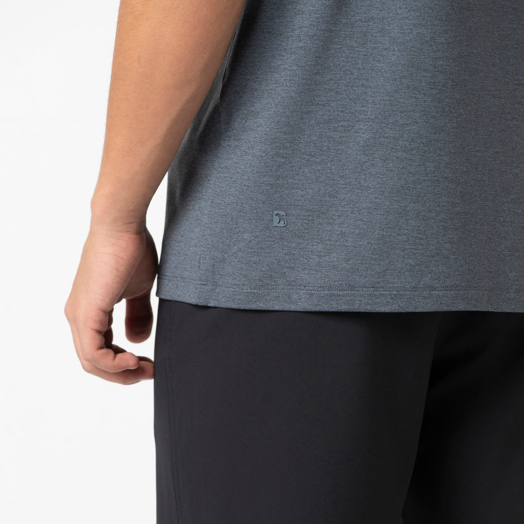 Tech Polo Denim close up on model