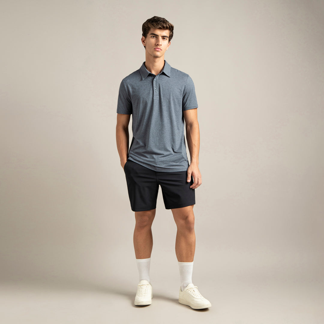 Tech Polo Denim full body on model