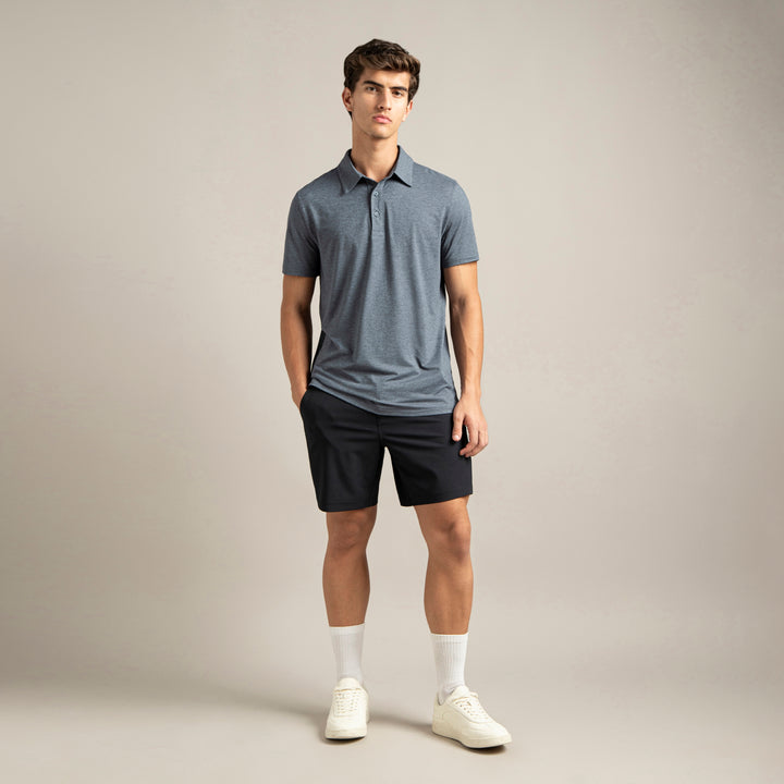 Tech Polo Denim full body on model