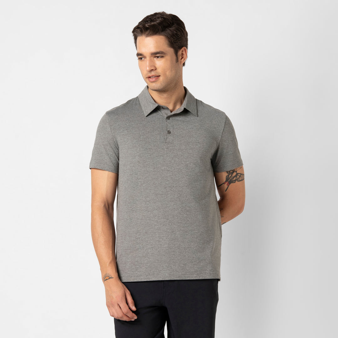 Tech Polo Grey front on model