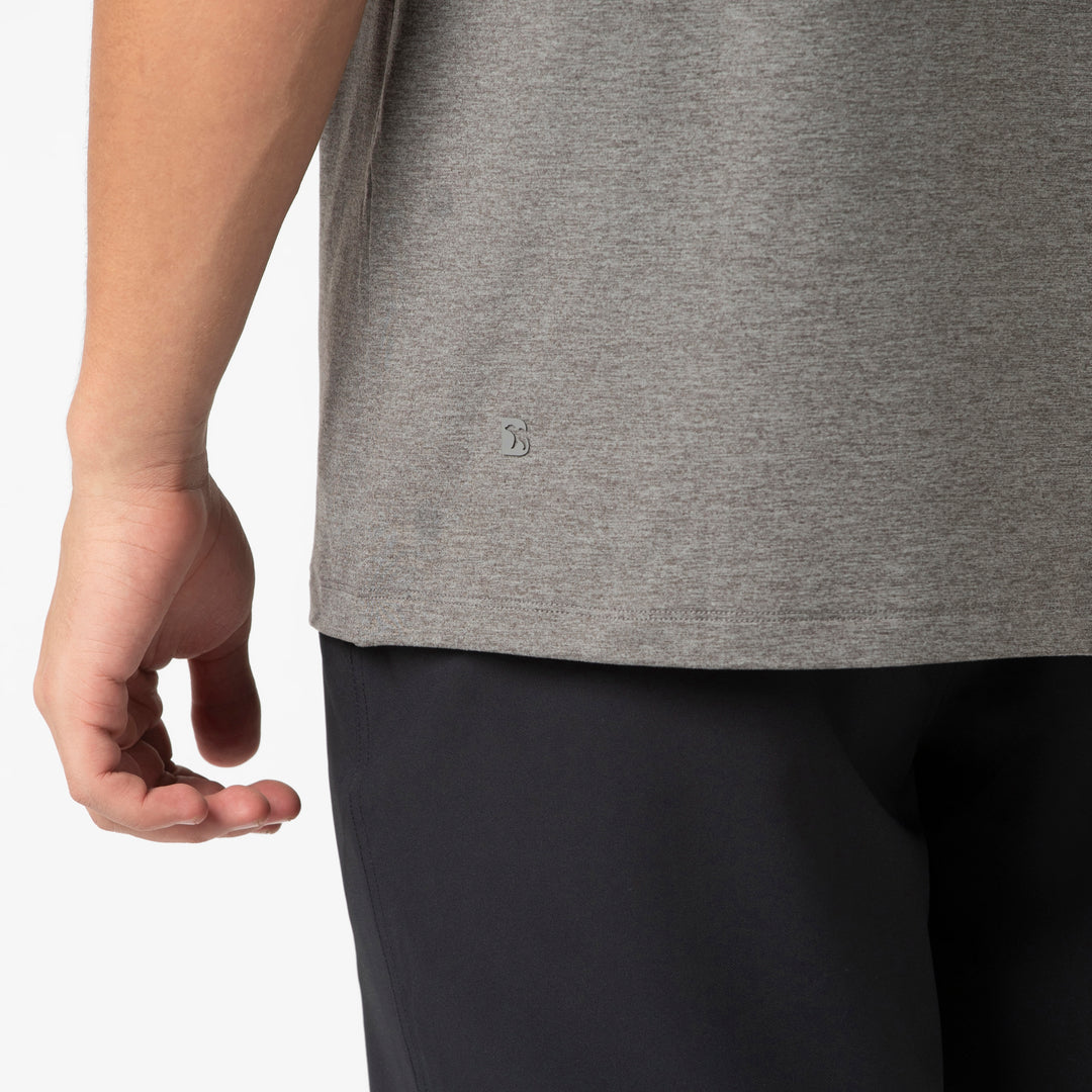 Tech Polo Grey close up on model