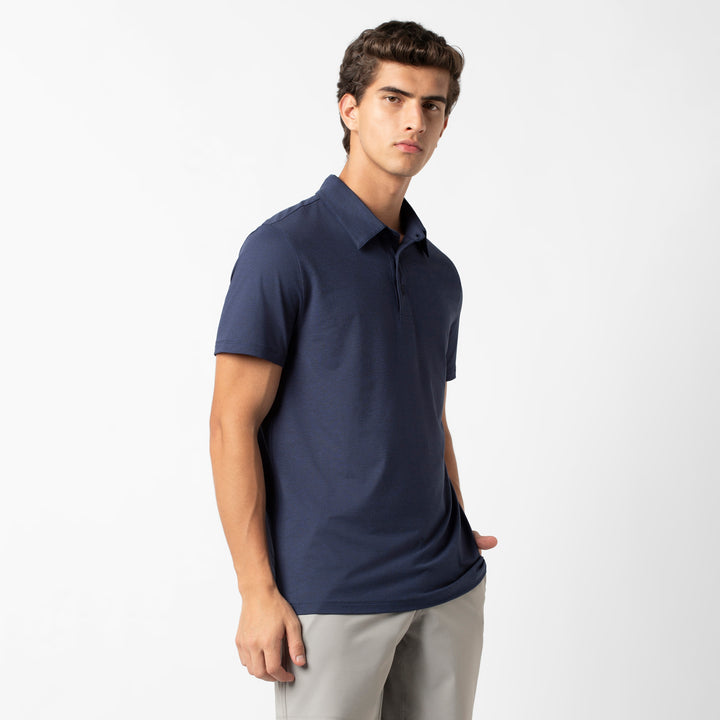 Tech Polo Navy side on model