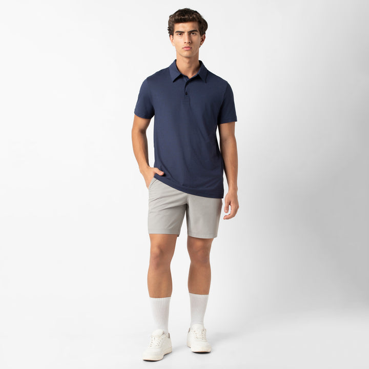 Tech Polo Navy full body on model