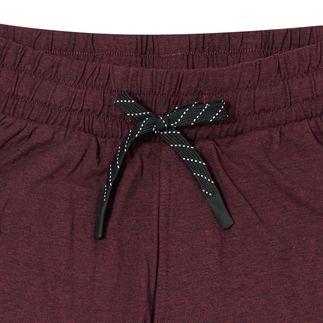 Tech Short 5 Maroon close up front flat