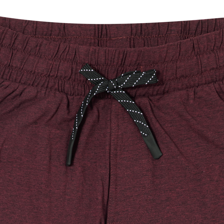 Tech Short 5 Maroon close up front flat