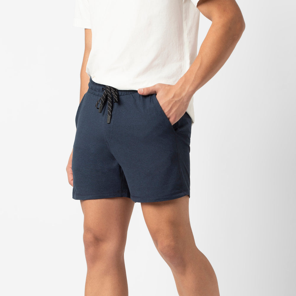 Tech Short 5 Navy side on model