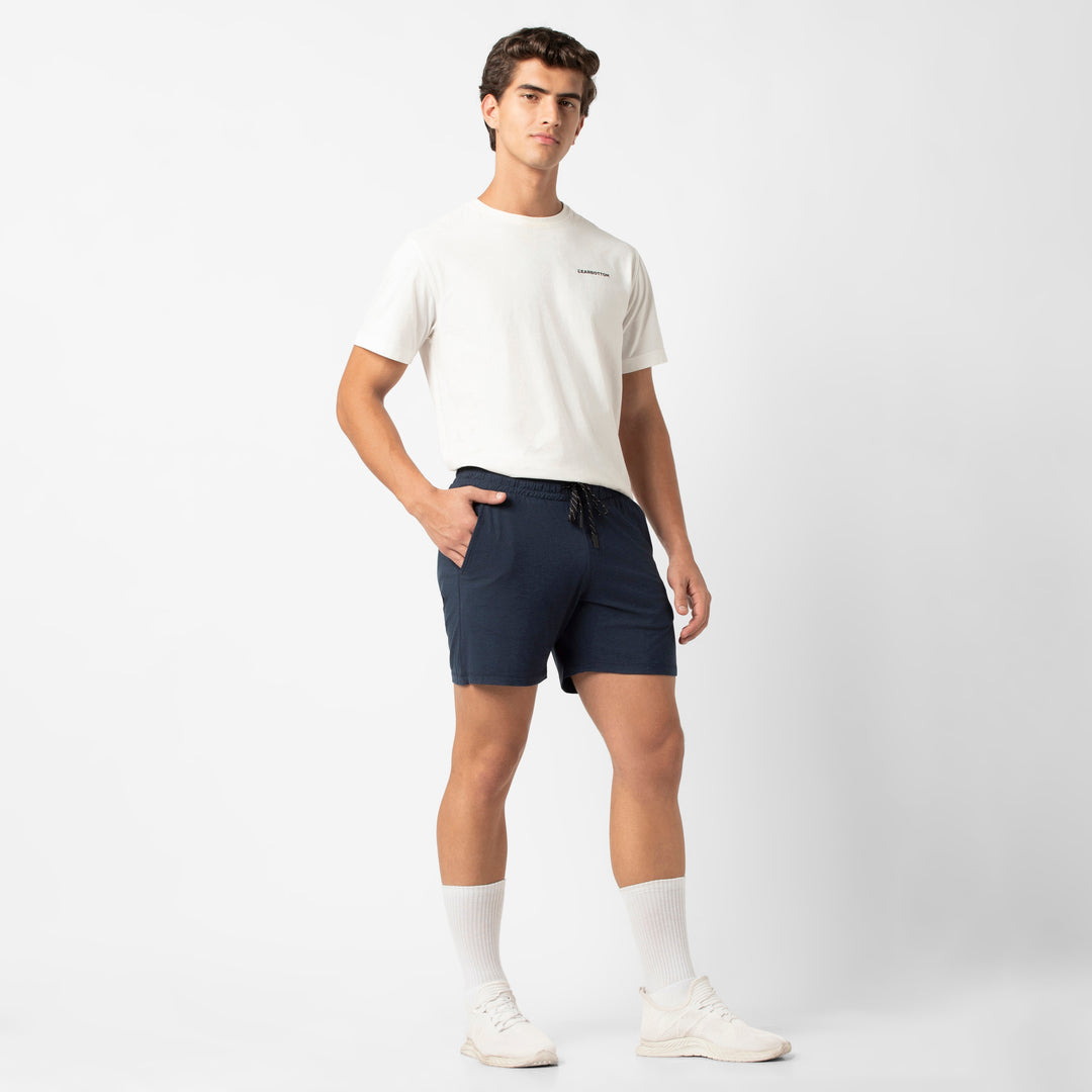 Tech Short 5 Navy full body on model