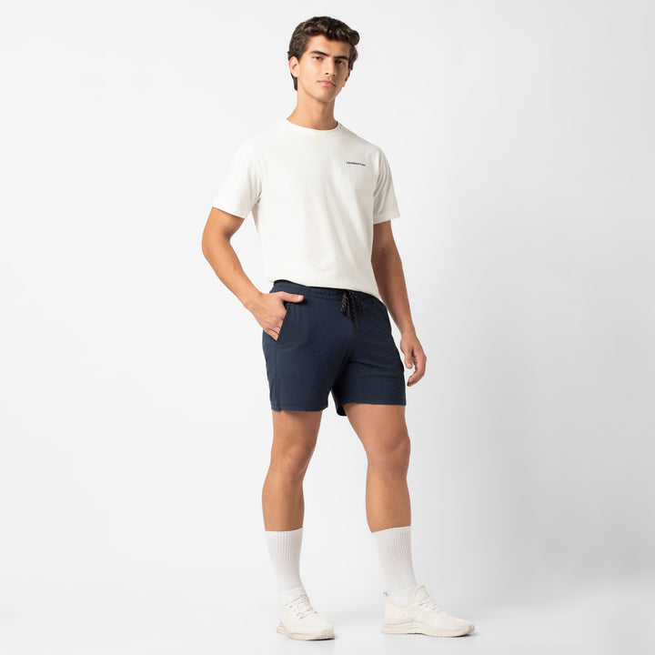 Tech Short 5 Navy full body on model