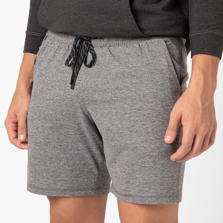 Tech Short 7 Grey close up on model