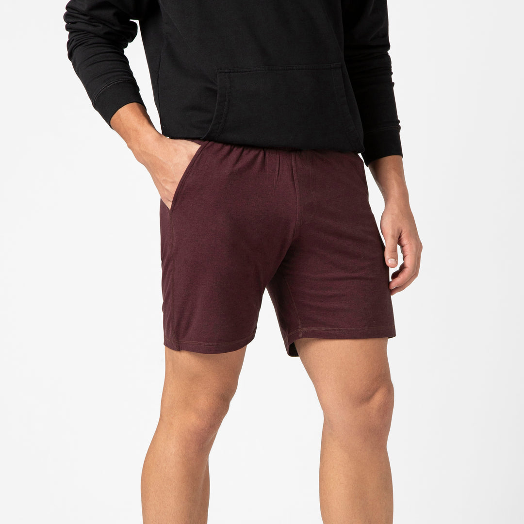 Tech Short 7 Maroon side on model