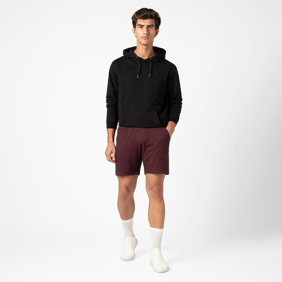 Tech Short 7 Maroon full body on model