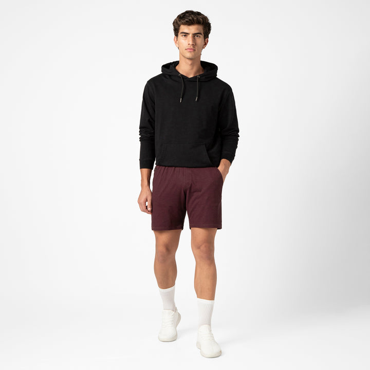 Tech Short 7 Maroon full body on model