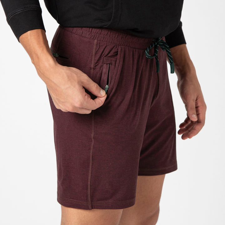 Tech Short 7 Maroon close up on model