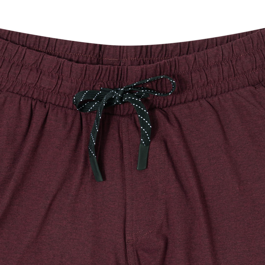 Tech Short 7 Maroon close up front flat