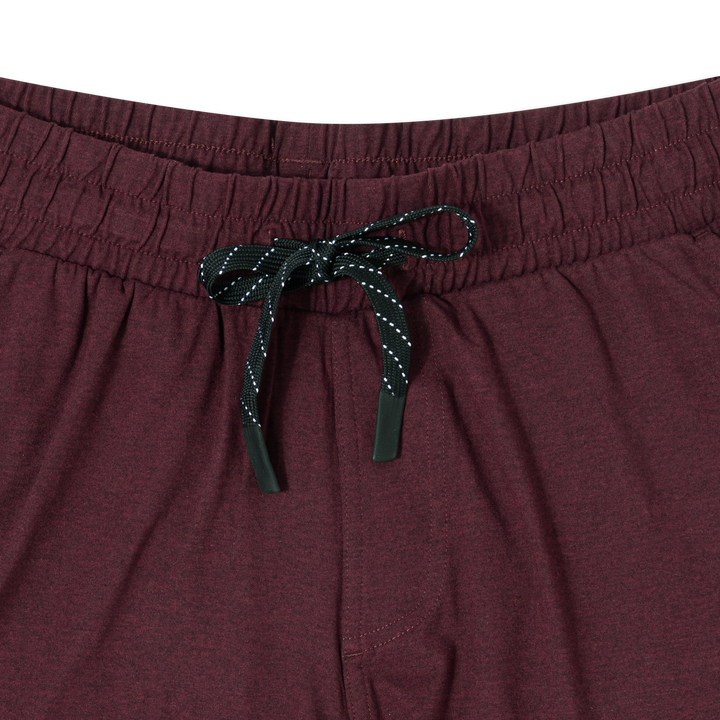 Tech Short 7 Maroon close up front flat
