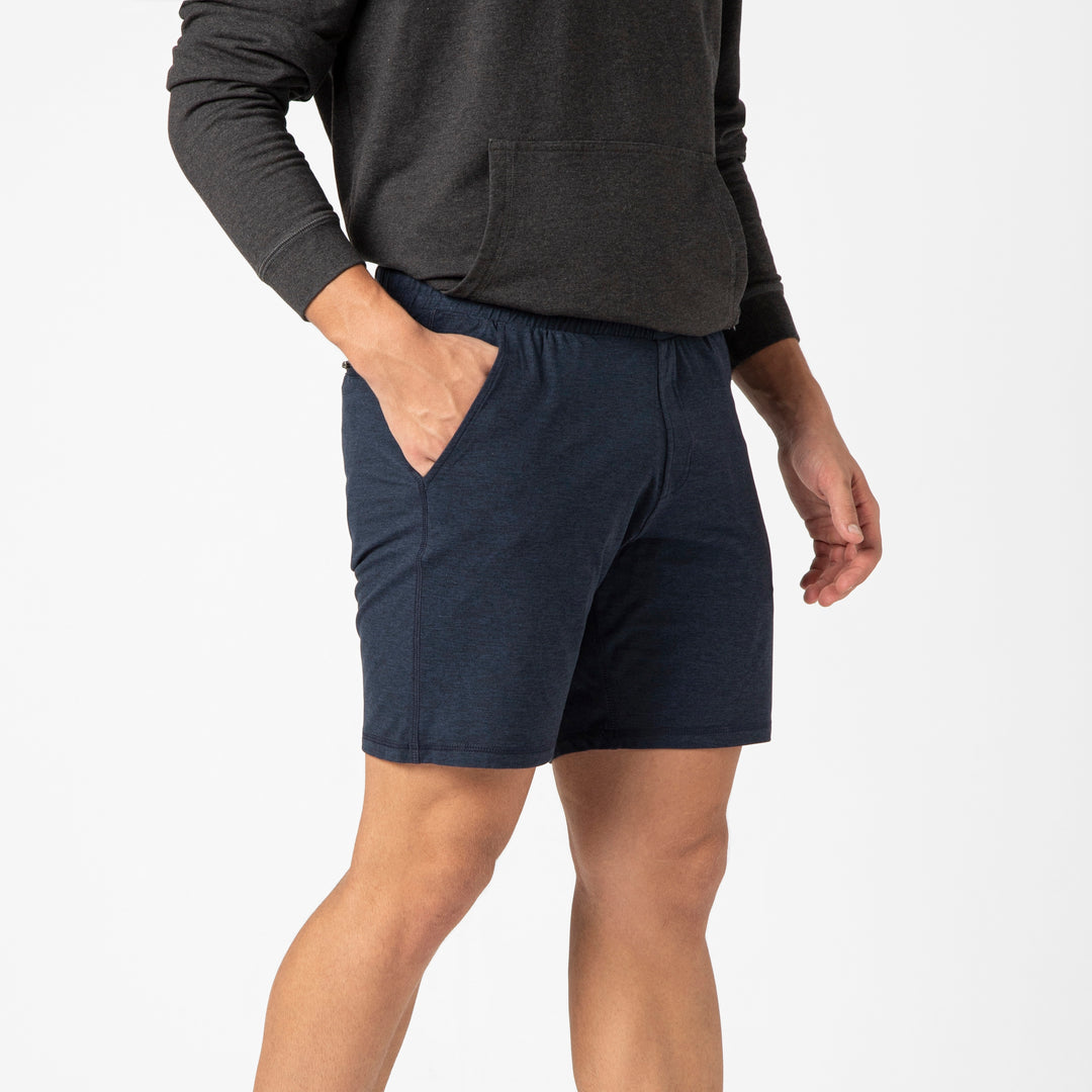 Tech Short 7 Navy side on model