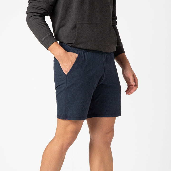 Tech Short 7 Navy side on model