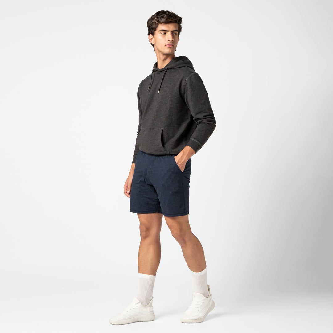 Tech Short 7 Navy full body on model