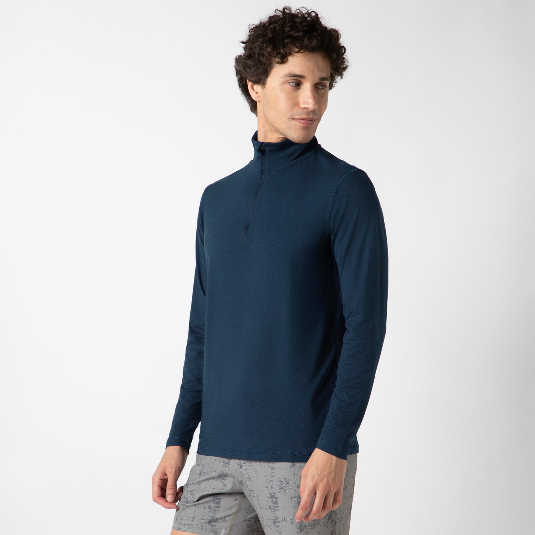 Tech Half Zip Navy side on model